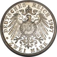 reverse of 2 Mark - Wilhelm II (1891 - 1912) coin with KM# 522 from German States. Inscription: DEUTSCHES REICH 1907 * ZWEI MARK *