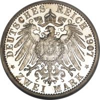 German States coin 2 Mark - Wilhelm II (1891 - 1912) reverse reverse of 2 Mark - Wilhelm II (1891 - 1912) coin with KM# 522 from German States. Inscription: DEUTSCHES REICH 1907 * ZWEI MARK *
