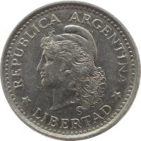 Argentina coin 1 Peso (1957 - 1962) obverse obverse of 1 Peso (1957 - 1962) coin with KM# 57 from Argentina. Inscription: REPUBLICA ARGENTINA * LIBERTAD *