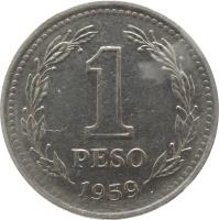 reverse of 1 Peso (1957 - 1962) coin with KM# 57 from Argentina. Inscription: 1 PESO 1959