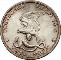 obverse of 2 Mark - Wilhelm II - Declaration of war (1913) coin with KM# 532 from German States. Inscription: DEUTSCHES REICH 1913 * ZWEI MARK *