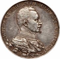 obverse of 3 Mark - Wilhelm II - Reign (1913) coin with KM# 535 from German States. Inscription: WILHELM II DEUTSCHER KAISER KÖNIG VON PREUSSEN 1888 1913 A