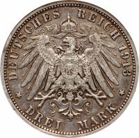 reverse of 3 Mark - Wilhelm II - Reign (1913) coin with KM# 535 from German States. Inscription: DEUTSCHES REICH 1913 * DREI MARK *