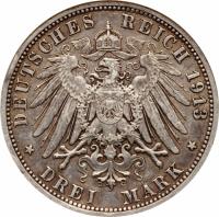 German States coin 3 Mark - Wilhelm II - Reign (1913) reverse reverse of 3 Mark - Wilhelm II - Reign (1913) coin with KM# 535 from German States. Inscription: DEUTSCHES REICH 1913 * DREI MARK *