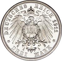 German States coin 3 Mark - Wilhelm II (1908 - 1914) reverse reverse of 3 Mark - Wilhelm II (1908 - 1914) coin with KM# 635 from German States. Inscription: DEUTSCHES REICH 1911 * DREI MARK *