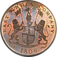India coin 20 Cash (1803 - 1808) obverse obverse of 20 Cash (1803 - 1808) coin with KM# 321 from India. Inscription: EAST INDIA COMPANY AUSPICIO REGIS & SENATUS ANGLIA 1808