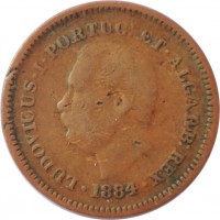 obverse of 1/8 Tanga - Luíz I - Mumbai mint (1881 - 1886) coin with KM# 307 from India. Inscription: LUDOVICUS . I . PORTUG : ET . ALGARE : REX 1884