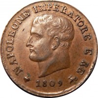 obverse of 1 Centesimo - Napoleon I (1807 - 1818) coin with C# 1 from Italian States. Inscription: NAPOLEONE IMPERATORE E RE 1809