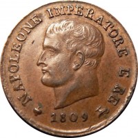 Italian States coin 1 Centesimo - Napoleon I (1807 - 1818) obverse obverse of 1 Centesimo - Napoleon I (1807 - 1818) coin with C# 1 from Italian States. Inscription: NAPOLEONE IMPERATORE E RE 1809