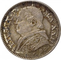 obverse of 10 Soldi - Pius IX (1867 - 1869) coin with KM# 1386 from Italian States. Inscription: PIVS · IX · P · M · A · XXIII