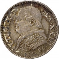 Italian States coin 10 Soldi - Pius IX (1867 - 1869) obverse obverse of 10 Soldi - Pius IX (1867 - 1869) coin with KM# 1386 from Italian States. Inscription: PIVS · IX · P · M · A · XXIII