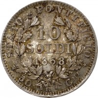 reverse of 10 Soldi - Pius IX (1867 - 1869) coin with KM# 1386 from Italian States. Inscription: *STATO*PONTIFICIO* 10 SOLDI 50 R CMI