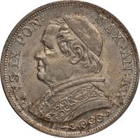 obverse of 1 Lira - Pius IX (1866 - 1868) coin with KM# 1378 from Italian States. Inscription: PIVS IX PON · MAX · AN · XXI