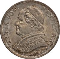 Italian States coin 1 Lira - Pius IX (1866 - 1868) obverse obverse of 1 Lira - Pius IX (1866 - 1868) coin with KM# 1378 from Italian States. Inscription: PIVS IX PON · MAX · AN · XXI