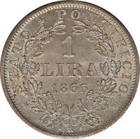 Italian States coin 1 Lira - Pius IX (1866 - 1868) reverse reverse of 1 Lira - Pius IX (1866 - 1868) coin with KM# 1378 from Italian States. Inscription: * STATO * PONTIFICIO * 1 LIRA 1866 R