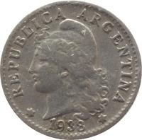 obverse of 5 Centavos (1896 - 1942) coin with KM# 34 from Argentina. Inscription: * REPUBLICA ARGENTINA * 1938