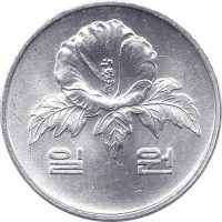 Korea coin 1 Won (1983 - 2014) obverse obverse of 1 Won (1983 - 2014) coin with KM# 31 from Korea. Inscription: 일원