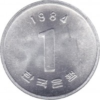 Korea coin 1 Won (1983 - 2014) reverse reverse of 1 Won (1983 - 2014) coin with KM# 31 from Korea. Inscription: 1984 1 한국은행
