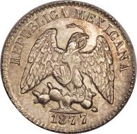 obverse of 5 Centavos (1869 - 1898) coin with KM# 398 from Mexico. Inscription: REPUBLICA MEXICANA 1877