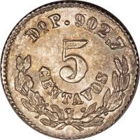 reverse of 5 Centavos (1869 - 1898) coin with KM# 398 from Mexico. Inscription: Do C. 902.7 5 CENTAVOS