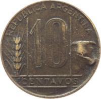 Argentina coin 10 Centavos (1942 - 1950) reverse reverse of 10 Centavos (1942 - 1950) coin with KM# 41 from Argentina. Inscription: REPÚBLICA ARGENTINA 10 CENTAVOS