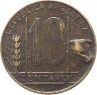 reverse of 10 Centavos (1942 - 1950) coin with KM# 41 from Argentina. Inscription: REPÚBLICA ARGENTINA 10 CENTAVOS