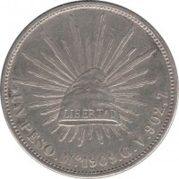 reverse of 1 Peso (1898 - 1909) coin with KM# 409 from Mexico. Inscription: * UN PESO.Mo.1909.G.V.902,7