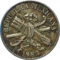 obverse of 1 Centavo (1882 - 1883) coin with KM# 392 from Mexico. Inscription: REPUBLICA MEXICANA 1883