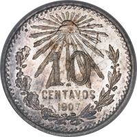 reverse of 10 Centavos (1905 - 1914) coin with KM# 428 from Mexico. Inscription: 10 CENTAVOS 1907