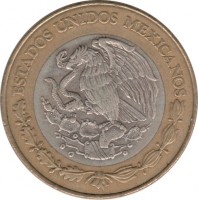Mexico coin 20 Nuevos Pesos (1993 - 1995) obverse obverse of 20 Nuevos Pesos (1993 - 1995) coin with KM# 561 from Mexico. Inscription: ESTADOS UNIDOS MEXICANOS