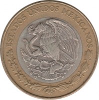 obverse of 20 Nuevos Pesos (1993 - 1995) coin with KM# 561 from Mexico. Inscription: ESTADOS UNIDOS MEXICANOS