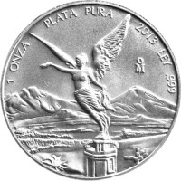 reverse of 1 Onza - Libertad Silver Bullion (2000 - 2015) coin with KM# 639 from Mexico. Inscription: 1 ONZA PLATA PURA 2002 LEY .999 oM