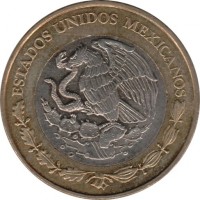 obverse of 20 Pesos - 20th anniversary of awarding Octavio Paz the Nobel Prize for Literature (2010) coin with KM# 943 from Mexico. Inscription: ESTADOS UNIDOS MEXICANOS