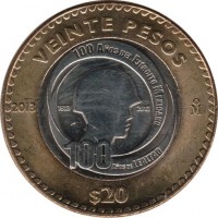 Mexico coin 20 Pesos - 100th Anniversary of the Mexican Army (2013) reverse reverse of 20 Pesos - 100th Anniversary of the Mexican Army (2013) coin with KM# 969 from Mexico. Inscription: VEINTE PESOS 100 AÑOS DEL EJÉRCITO MEXICANO 2013 1913 2013 100 AÑOS DE LEALTAD $20