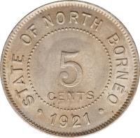 North Borneo coin 5 Cents (1903 - 1941) reverse reverse of 5 Cents (1903 - 1941) coin with KM# 5 from North Borneo. Inscription: STATE OF NORTH BORNEO 5 CENTS 1921