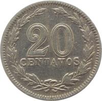 reverse of 20 Centavos (1896 - 1942) coin with KM# 36 from Argentina. Inscription: 20 CENTAVOS