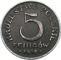 Poland coin 5 Fenigow (1917 - 1918) reverse reverse of 5 Fenigow (1917 - 1918) coin with Y# 5 from Poland. Inscription: KROLESTWO POLSKIE 5 FENIGÓW 1918