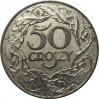 Poland coin 50 Groszy (1938) reverse reverse of 50 Groszy (1938) coin with Y# 38 from Poland. Inscription: 50 GROSZY