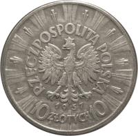 obverse of 10 Złotych (1934 - 1939) coin with Y# 29 from Poland. Inscription: RZECZPOSPOLITA POLSKA 1935 10 ZŁOTYCH 10