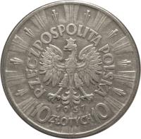 Poland coin 10 Złotych (1934 - 1939) obverse obverse of 10 Złotych (1934 - 1939) coin with Y# 29 from Poland. Inscription: RZECZPOSPOLITA POLSKA 1935 10 ZŁOTYCH 10