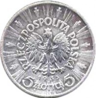 obverse of 5 Złotych (1934 - 1938) coin with Y# 28 from Poland. Inscription: RZECZPOSPOLITA POLSKA 1935 5 ZŁOTYCH 5