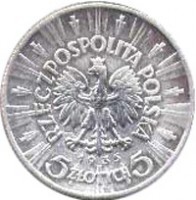Poland coin 5 Złotych (1934 - 1938) obverse obverse of 5 Złotych (1934 - 1938) coin with Y# 28 from Poland. Inscription: RZECZPOSPOLITA POLSKA 1935 5 ZŁOTYCH 5