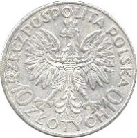 obverse of 10 Złotych (1932 - 1933) coin with Y# 22 from Poland. Inscription: RZECZPOSPOLITA POLSKA 1932 10 ZŁOTYCH 10