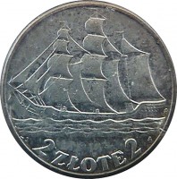 reverse of 2 Złote - Gdynia Seaport (1936) coin with Y# 30 from Poland. Inscription: 2 ZŁOTE 2