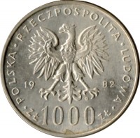 Poland coin 1000 Złotych - Pope John Paul II (1982 - 1983) obverse obverse of 1000 Złotych - Pope John Paul II (1982 - 1983) coin with Y# 144 from Poland. Inscription: .POLSKA RZECZPOSPOLITA LUDOWA. 1982 ZŁ 1000 ZŁ
