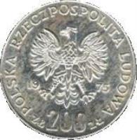 Poland coin 200 Złotych - Victory Over Fascism (1975) obverse obverse of 200 Złotych - Victory Over Fascism (1975) coin with Y# 79 from Poland. Inscription: POLSKA RZECZPOSPOLITA LUDOWA ZŁ 200 ZŁ