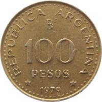reverse of 100 Pesos - Conquest of Patagonia Centennial (1979) coin with KM# 86 from Argentina. Inscription: REPUBLICA ARGENTINA B 100 PESOS * 1979 *