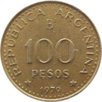 Argentina coin 100 Pesos - Conquest of Patagonia Centennial (1979) reverse reverse of 100 Pesos - Conquest of Patagonia Centennial (1979) coin with KM# 86 from Argentina. Inscription: REPUBLICA ARGENTINA B 100 PESOS * 1979 *