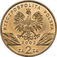 obverse of 2 Złote - European Swamp Turtle (2002) coin with Y# 427 from Poland. Inscription: RZECZPOSPOLITA POLSKA 2002 ZŁ 2 ZŁ