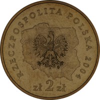 obverse of 2 Złote - Kujawsko-Pomorskie (2004) coin with Y# 485 from Poland. Inscription: RZECZPOSPOLITA POLSKA 2004 zł 2 zł